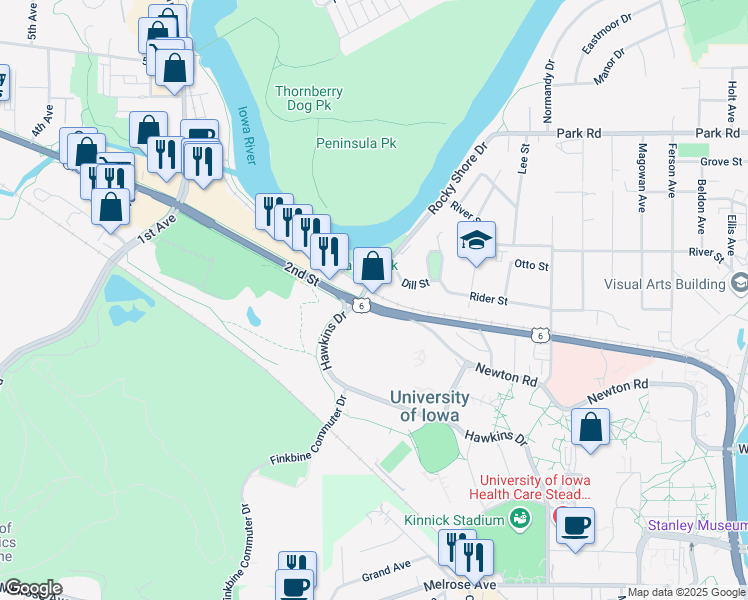 map of restaurants, bars, coffee shops, grocery stores, and more near Grand Army of the Republic Hwy in Iowa City