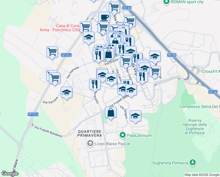map of restaurants, bars, coffee shops, grocery stores, and more near 15 Via Niccolò Copernico in Pomezia