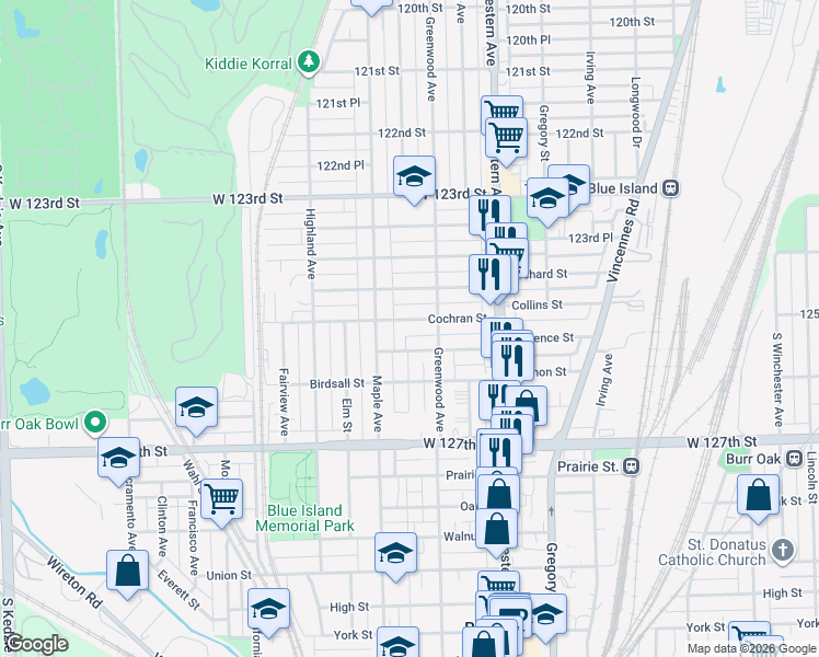 map of restaurants, bars, coffee shops, grocery stores, and more near 2530 Lewis Street in Blue Island