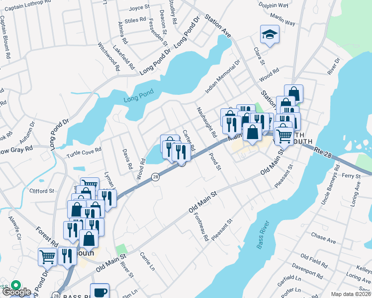 map of restaurants, bars, coffee shops, grocery stores, and more near 1200 Massachusetts 28 in Yarmouth