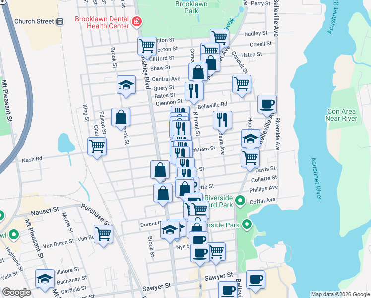 map of restaurants, bars, coffee shops, grocery stores, and more near 1653 Acushnet Avenue in New Bedford