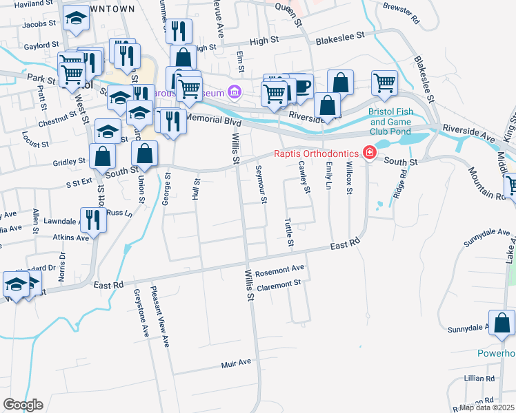 map of restaurants, bars, coffee shops, grocery stores, and more near 108 Seymour Street in Bristol