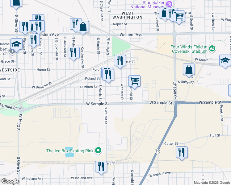 map of restaurants, bars, coffee shops, grocery stores, and more near 1320 Fisher V L in South Bend