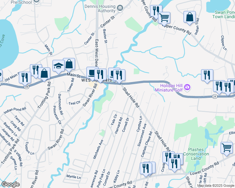 map of restaurants, bars, coffee shops, grocery stores, and more near 15 Colony Road in Dennis