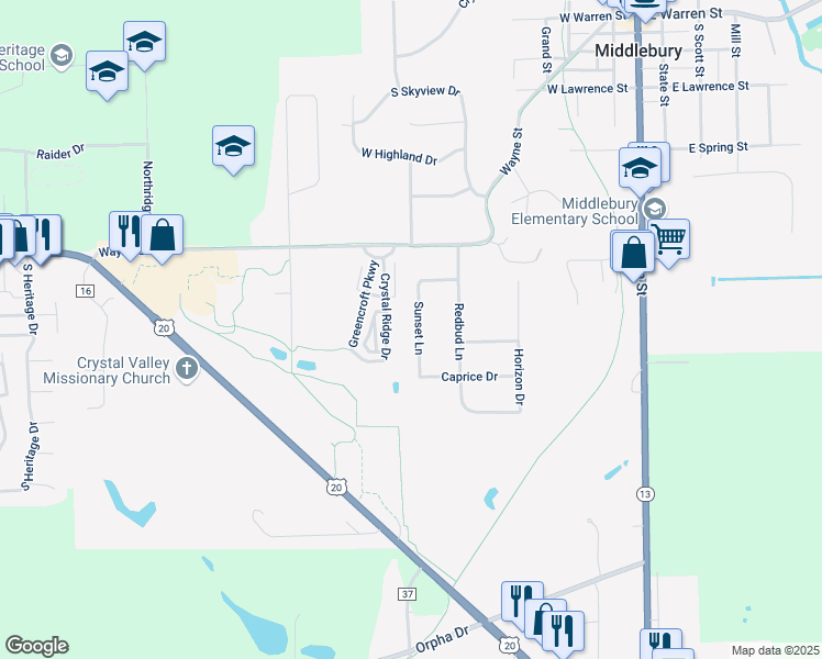 map of restaurants, bars, coffee shops, grocery stores, and more near 520 Sunset Ln in Middlebury