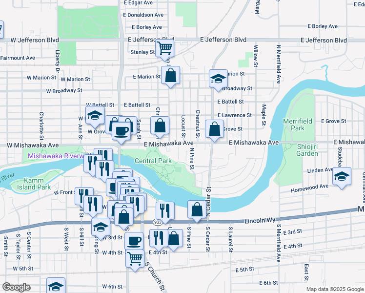 map of restaurants, bars, coffee shops, grocery stores, and more near 501-599 O Connor St in Mishawaka