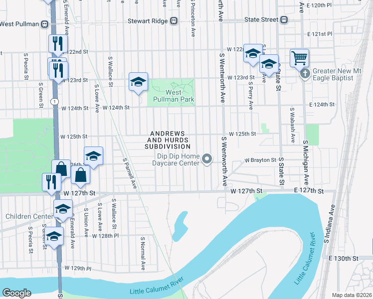 map of restaurants, bars, coffee shops, grocery stores, and more near 12552 South Princeton Avenue in Chicago