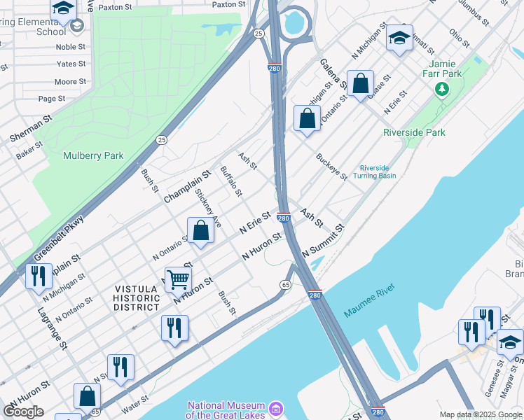 map of restaurants, bars, coffee shops, grocery stores, and more near 1715 North Erie Street in Toledo