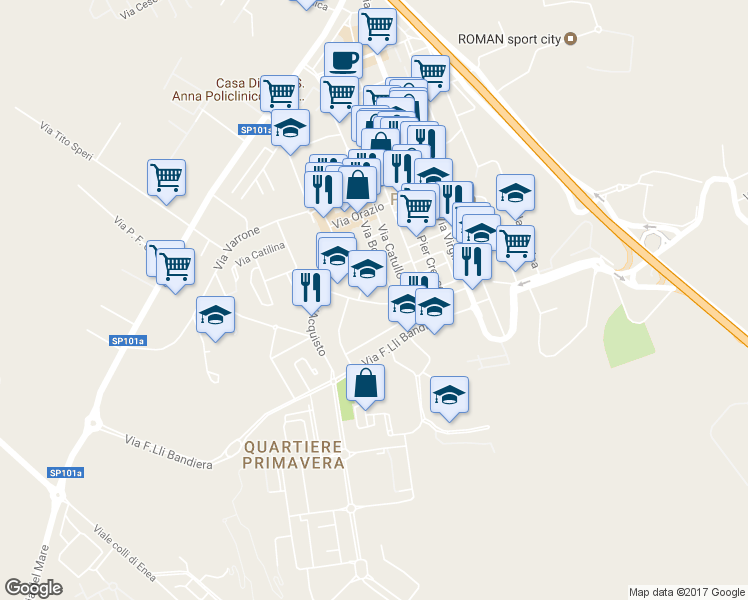 map of restaurants, bars, coffee shops, grocery stores, and more near 15 Via Niccolò Copernico in Pomezia