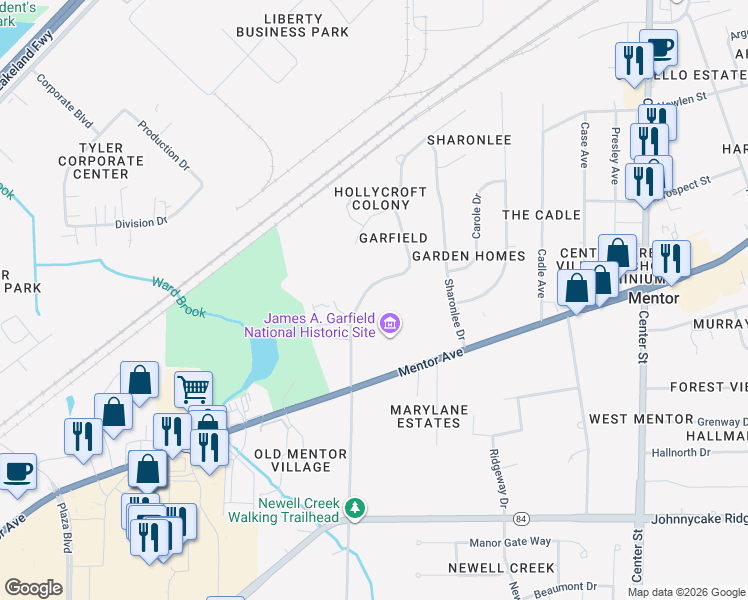 map of restaurants, bars, coffee shops, grocery stores, and more near 7523 Hollycroft Lane in Mentor