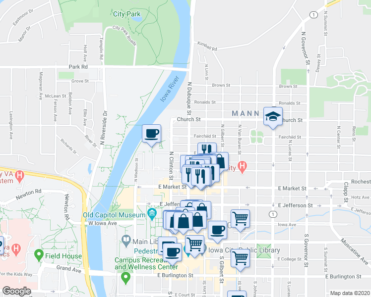 map of restaurants, bars, coffee shops, grocery stores, and more near 407 North Dubuque Street in Iowa City
