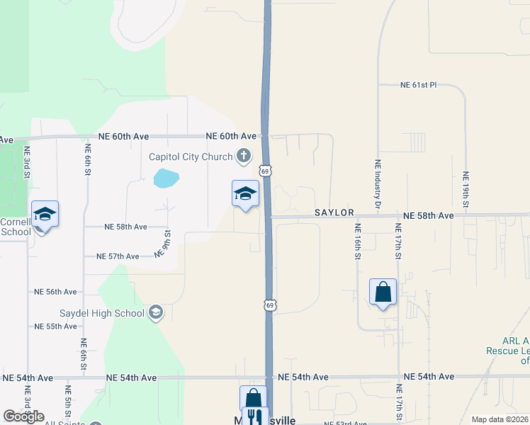 map of restaurants, bars, coffee shops, grocery stores, and more near 5582 Northeast 14th Street in Des Moines