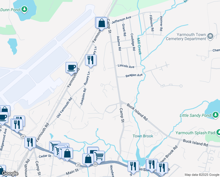 map of restaurants, bars, coffee shops, grocery stores, and more near 193 Camp Street in Yarmouth