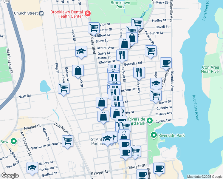 map of restaurants, bars, coffee shops, grocery stores, and more near 1653 Acushnet Avenue in New Bedford