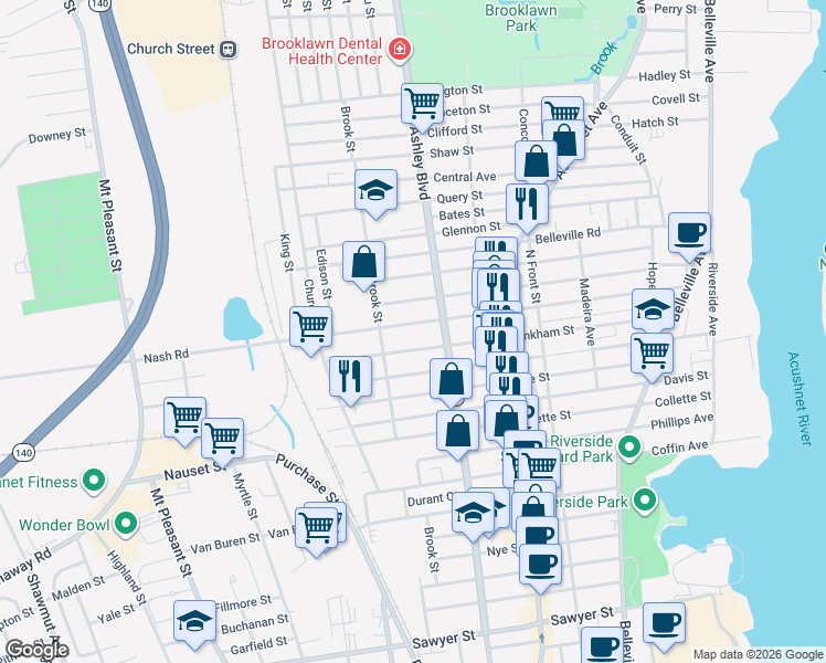 map of restaurants, bars, coffee shops, grocery stores, and more near 260 Tinkham Street in New Bedford