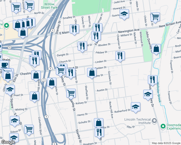 map of restaurants, bars, coffee shops, grocery stores, and more near 15 Cliff Street in New Britain