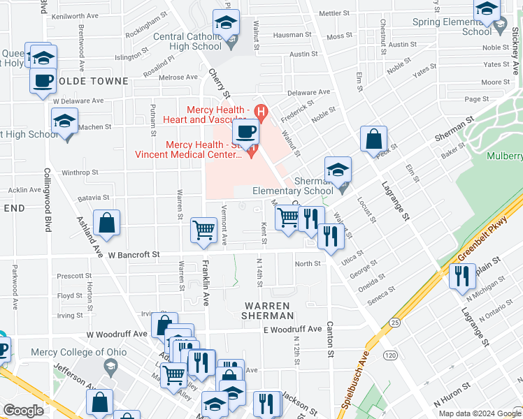 map of restaurants, bars, coffee shops, grocery stores, and more near 212 Page Street in Toledo
