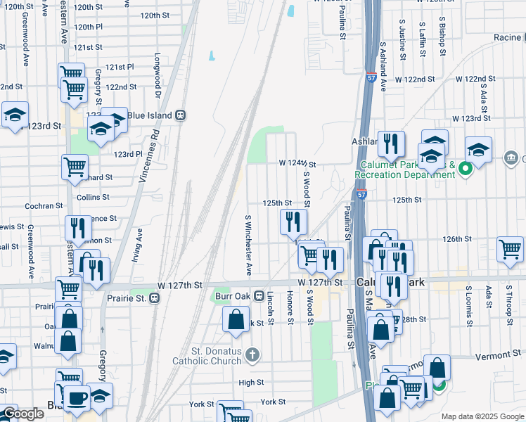 map of restaurants, bars, coffee shops, grocery stores, and more near 12523 South Winchester Avenue in Riverdale