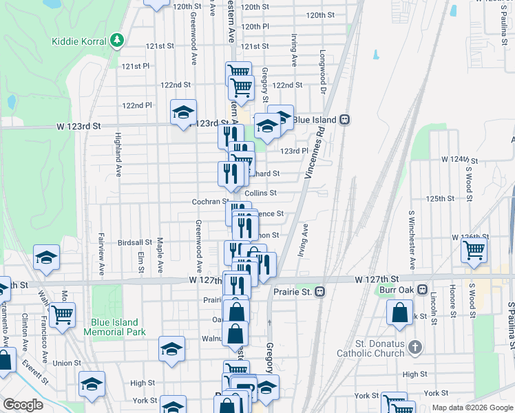 map of restaurants, bars, coffee shops, grocery stores, and more near 2345 Florence Street in Blue Island