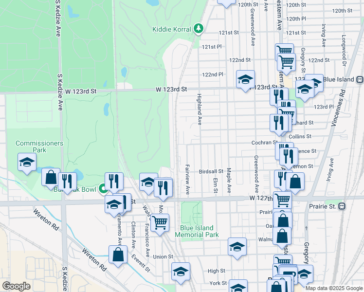 map of restaurants, bars, coffee shops, grocery stores, and more near 12521 Meadow Lane in Blue Island