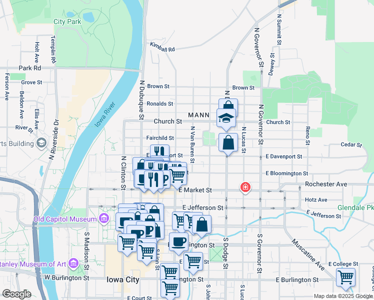 map of restaurants, bars, coffee shops, grocery stores, and more near 332 North Van Buren Street in Iowa City