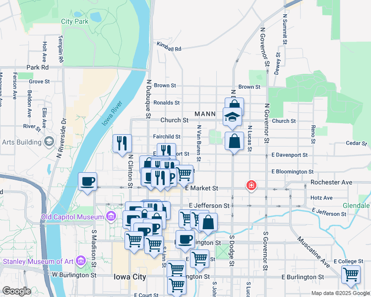 map of restaurants, bars, coffee shops, grocery stores, and more near 324 North Gilbert Street in Iowa City