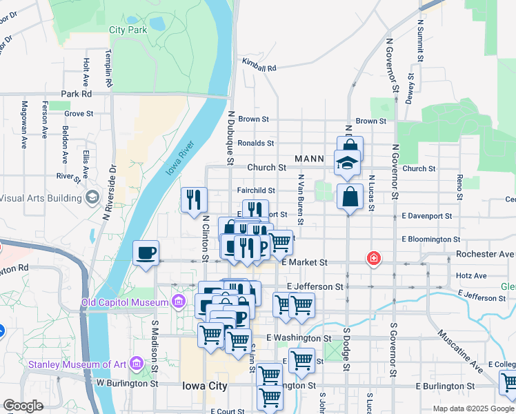 map of restaurants, bars, coffee shops, grocery stores, and more near 326 North Linn Street in Iowa City