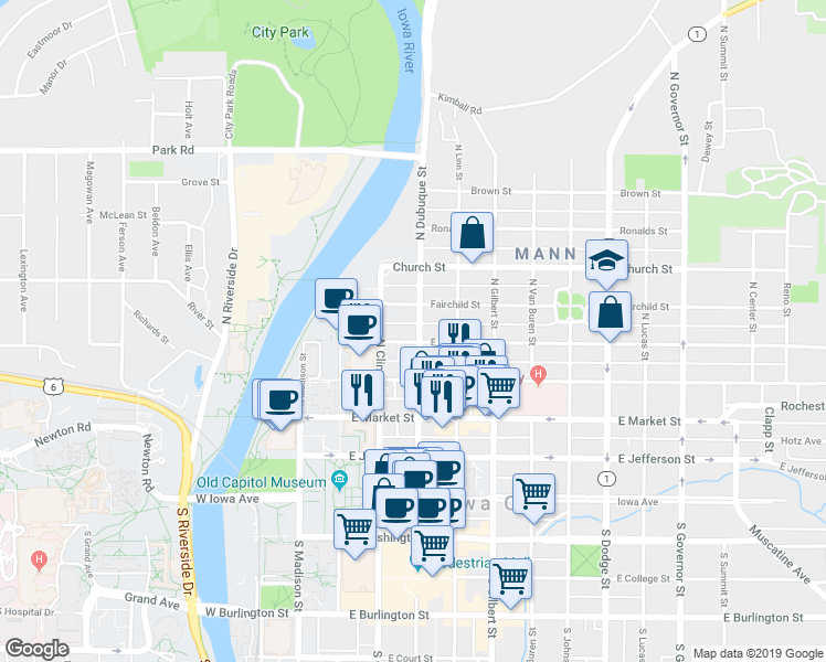 map of restaurants, bars, coffee shops, grocery stores, and more near 326 North Dubuque Street in Iowa City