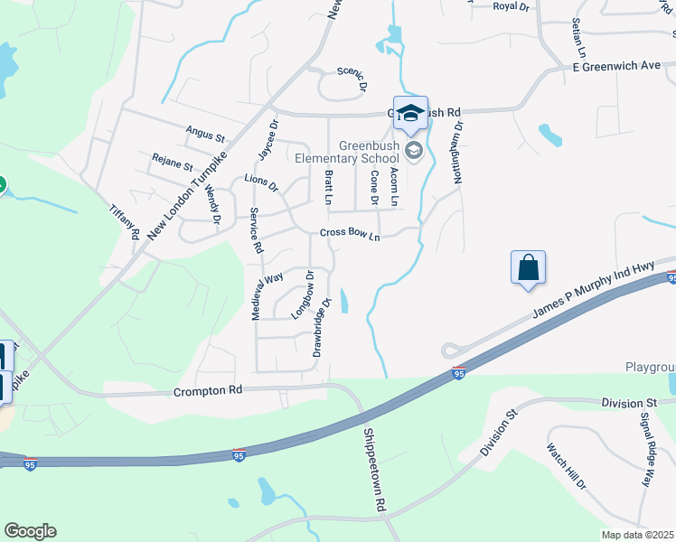 map of restaurants, bars, coffee shops, grocery stores, and more near 10 Drawbridge Drive in West Warwick