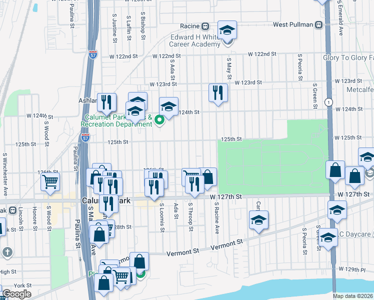 map of restaurants, bars, coffee shops, grocery stores, and more near 12532 South Throop Street in Calumet Park