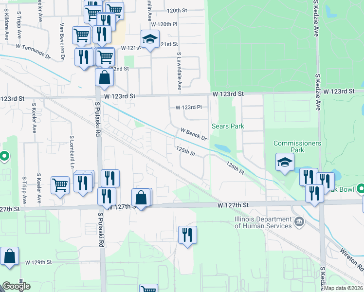 map of restaurants, bars, coffee shops, grocery stores, and more near 3648 West 125th Street in Alsip