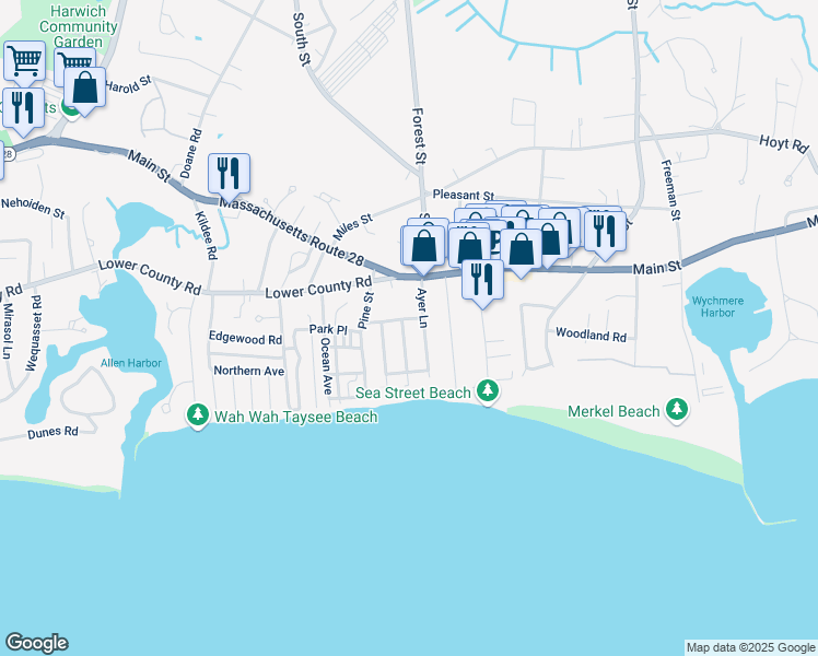 map of restaurants, bars, coffee shops, grocery stores, and more near 22 Sequatton Lane in Harwich