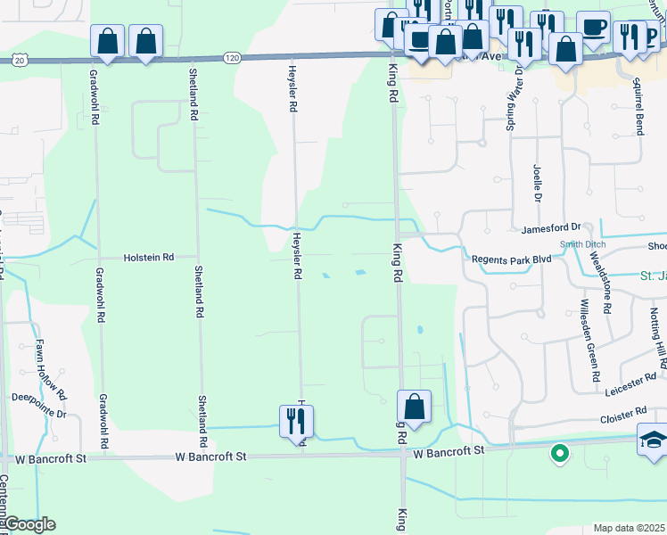 map of restaurants, bars, coffee shops, grocery stores, and more near 7611 Holstein Road in Toledo