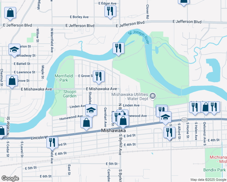 map of restaurants, bars, coffee shops, grocery stores, and more near 428 North State Street in Mishawaka