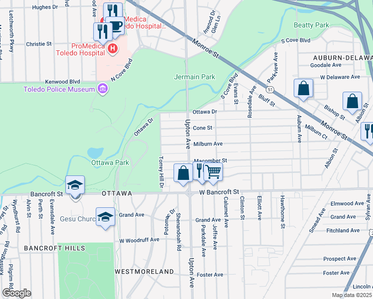 map of restaurants, bars, coffee shops, grocery stores, and more near 2289 Upton Avenue in Toledo
