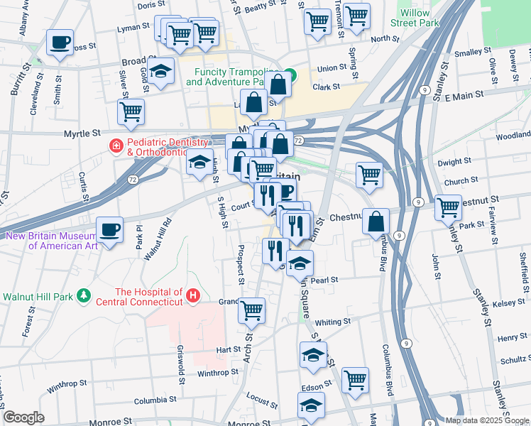 map of restaurants, bars, coffee shops, grocery stores, and more near 70 Arch Street in New Britain