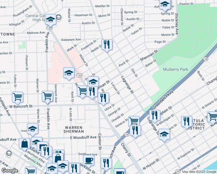 map of restaurants, bars, coffee shops, grocery stores, and more near 812 Baker Street in Toledo