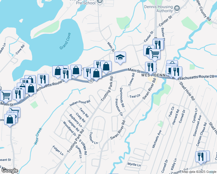 map of restaurants, bars, coffee shops, grocery stores, and more near 275 Trotting Park Road in Dennis