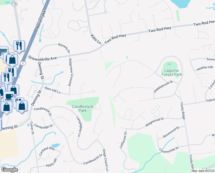 map of restaurants, bars, coffee shops, grocery stores, and more near 82 Ramblewood Drive in Rocky Hill