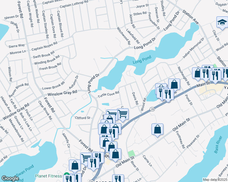map of restaurants, bars, coffee shops, grocery stores, and more near 8 Ginger Plum Lane in Yarmouth