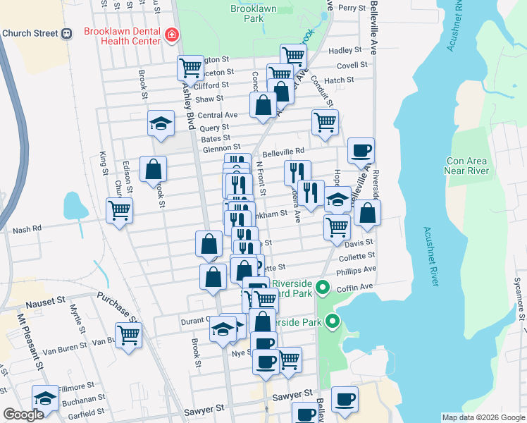 map of restaurants, bars, coffee shops, grocery stores, and more near 85 Hathaway Street in New Bedford