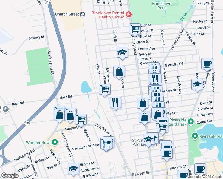 map of restaurants, bars, coffee shops, grocery stores, and more near 331 Tinkham Street in New Bedford