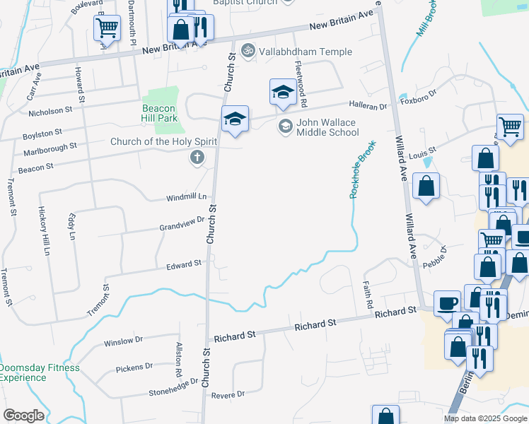 map of restaurants, bars, coffee shops, grocery stores, and more near 240 Church Street in Newington