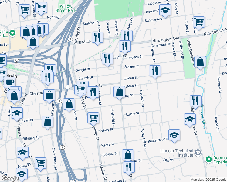 map of restaurants, bars, coffee shops, grocery stores, and more near 15 Cliff Street in New Britain