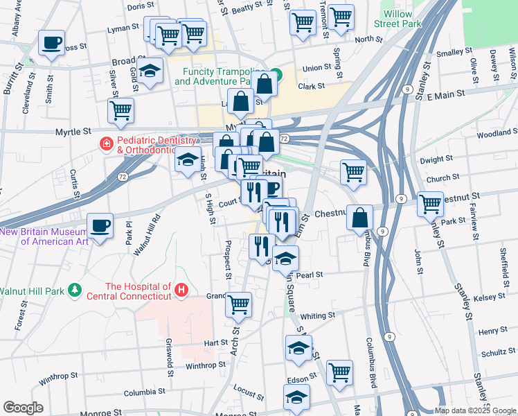 map of restaurants, bars, coffee shops, grocery stores, and more near 70 Arch Street in New Britain