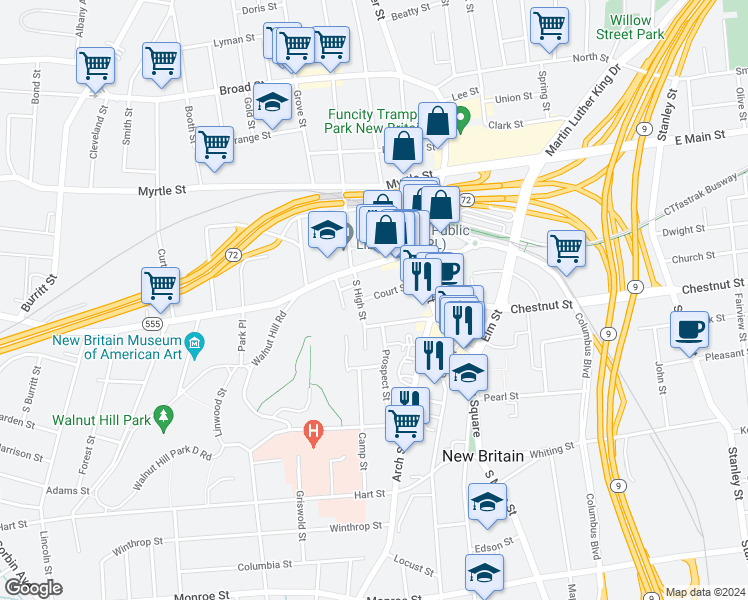 map of restaurants, bars, coffee shops, grocery stores, and more near 69 Walnut Street in New Britain
