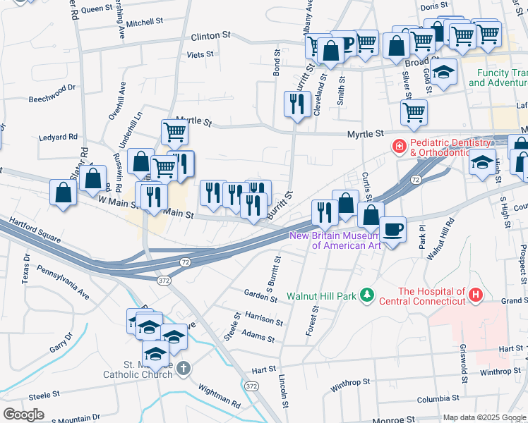 map of restaurants, bars, coffee shops, grocery stores, and more near 527 West Main Street in New Britain