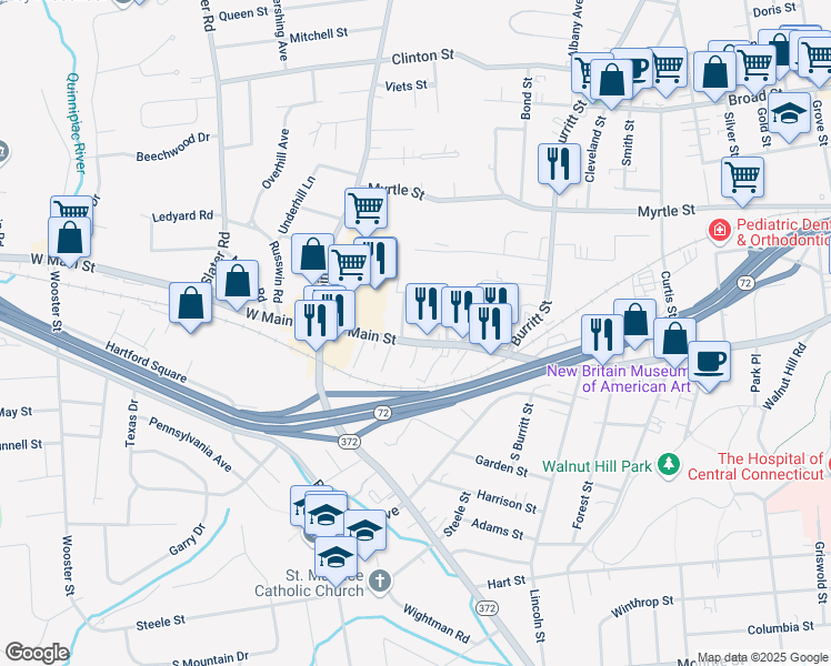 map of restaurants, bars, coffee shops, grocery stores, and more near 17 Holmes Avenue in New Britain
