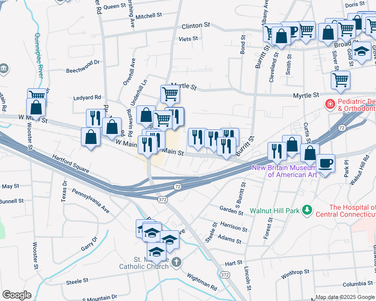 map of restaurants, bars, coffee shops, grocery stores, and more near 24 Bradley Street in New Britain