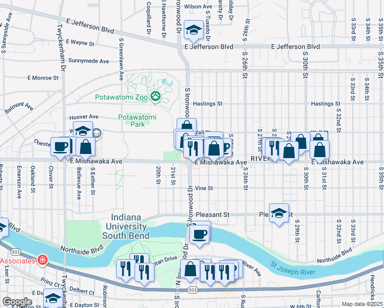 map of restaurants, bars, coffee shops, grocery stores, and more near 2130 East Mishawaka Avenue in South Bend